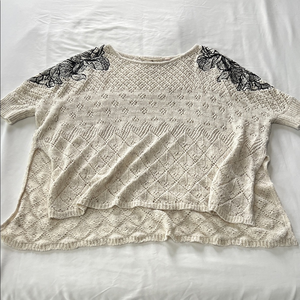 Knitted & Knotted Oversized Split Hem Sweater with Floral Embroidery Detail